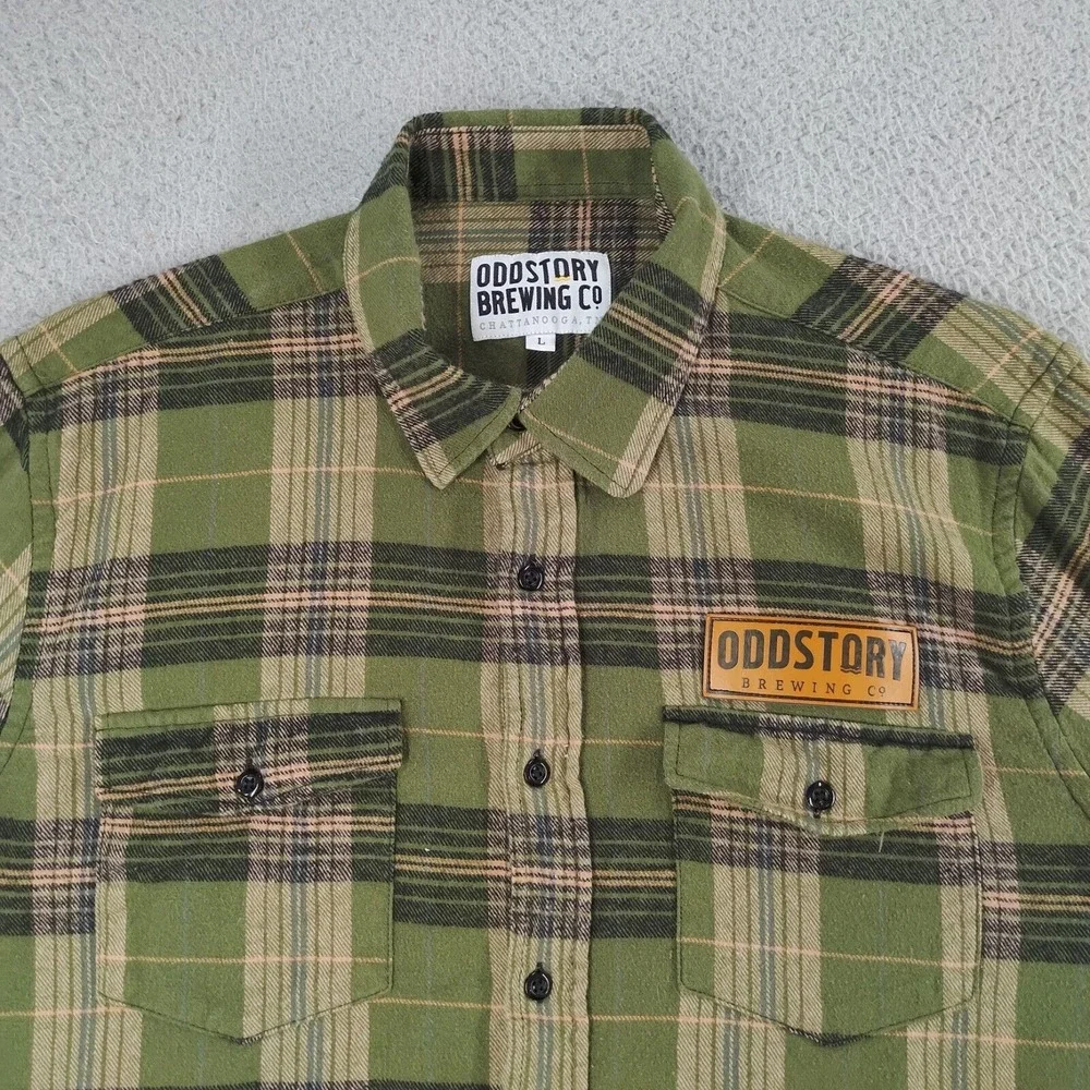 Oddstory Brewing Co Flannel Shirt Men Large Green Plaid Button Up Chattanooga